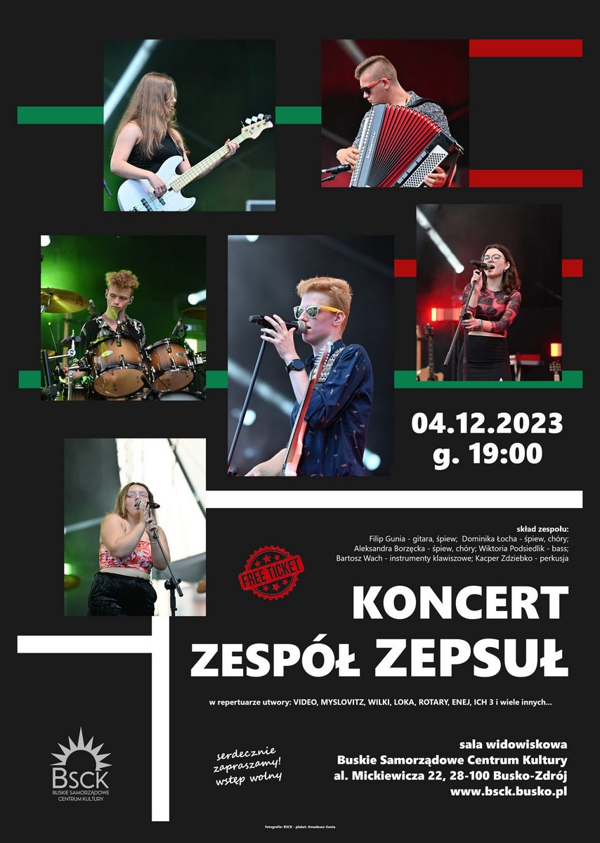 plakat promujący koncetr zespołu Zepsuł, fotografie artystów