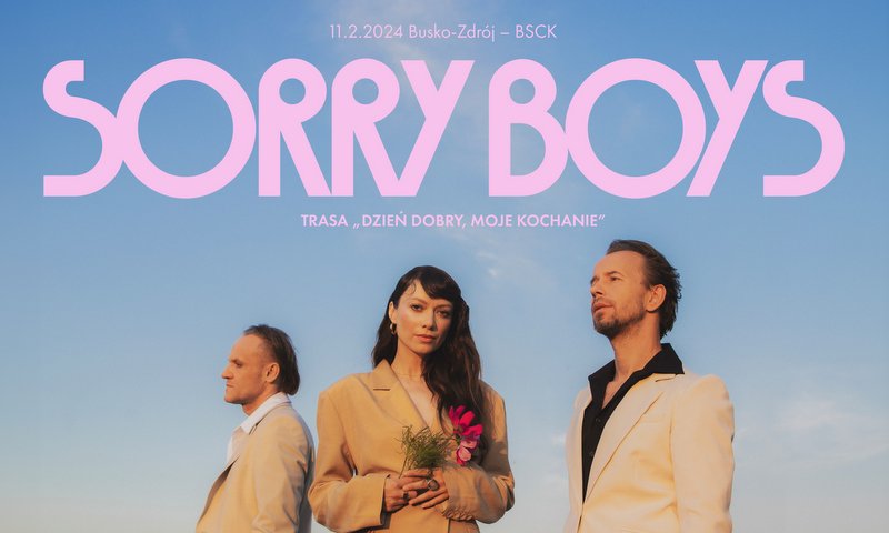 grafika promująca koncert SORRY BOYS, na zdjęciu członkowie zespołu na tle nieba