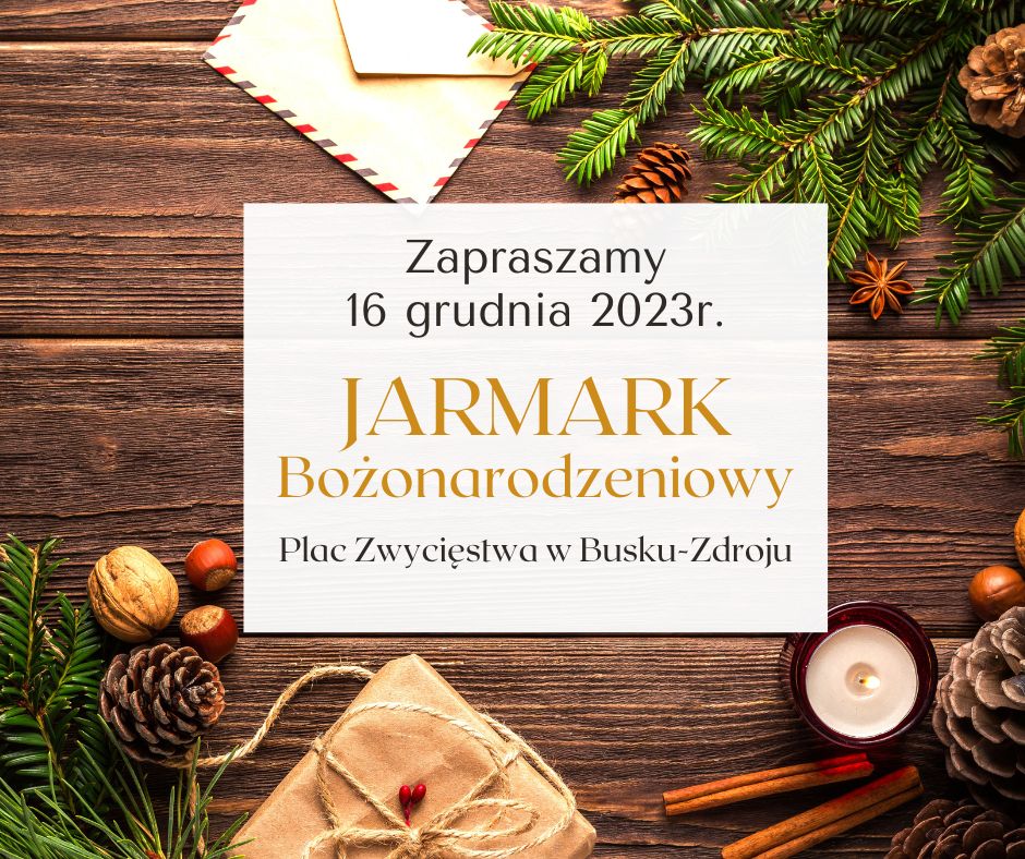 grafika promująca jarmark bożonarodzeniowy, w tle dekoracje świąteczne