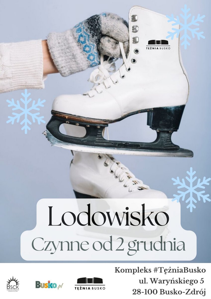 plakat promujący lodowisko w tężni, zdjęcie przedstawia but z łyżwą trzymaną w ręku