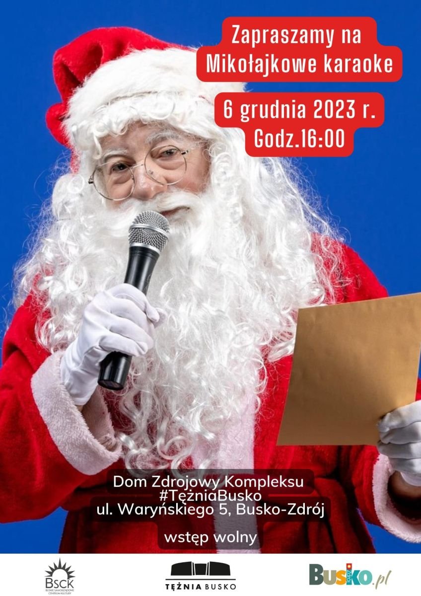 grafika promująca karaoke w domu zdrojowym, zdjęcie mężczyzny w przebraniu św. Mikołaja