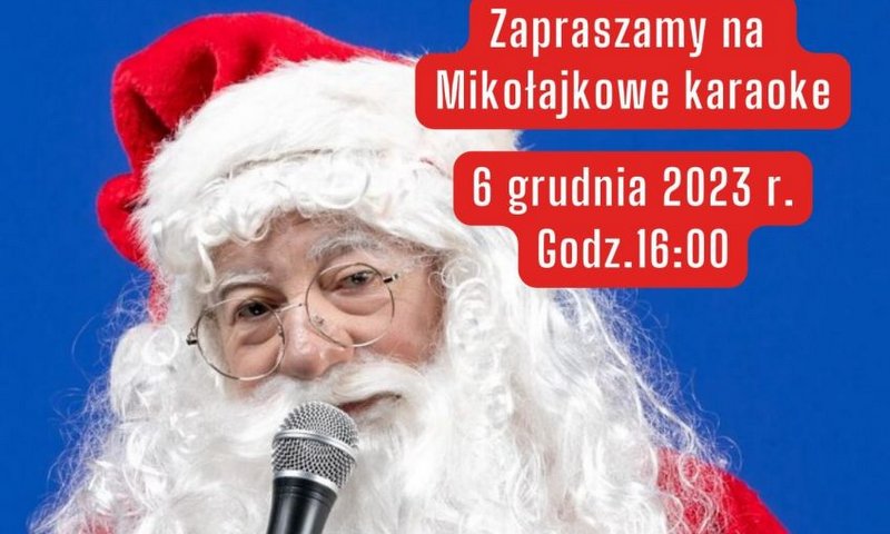 grafika promująca karaoke w domu zdrojowym, zdjęcie mężczyzny w przebraniu św. Mikołaja