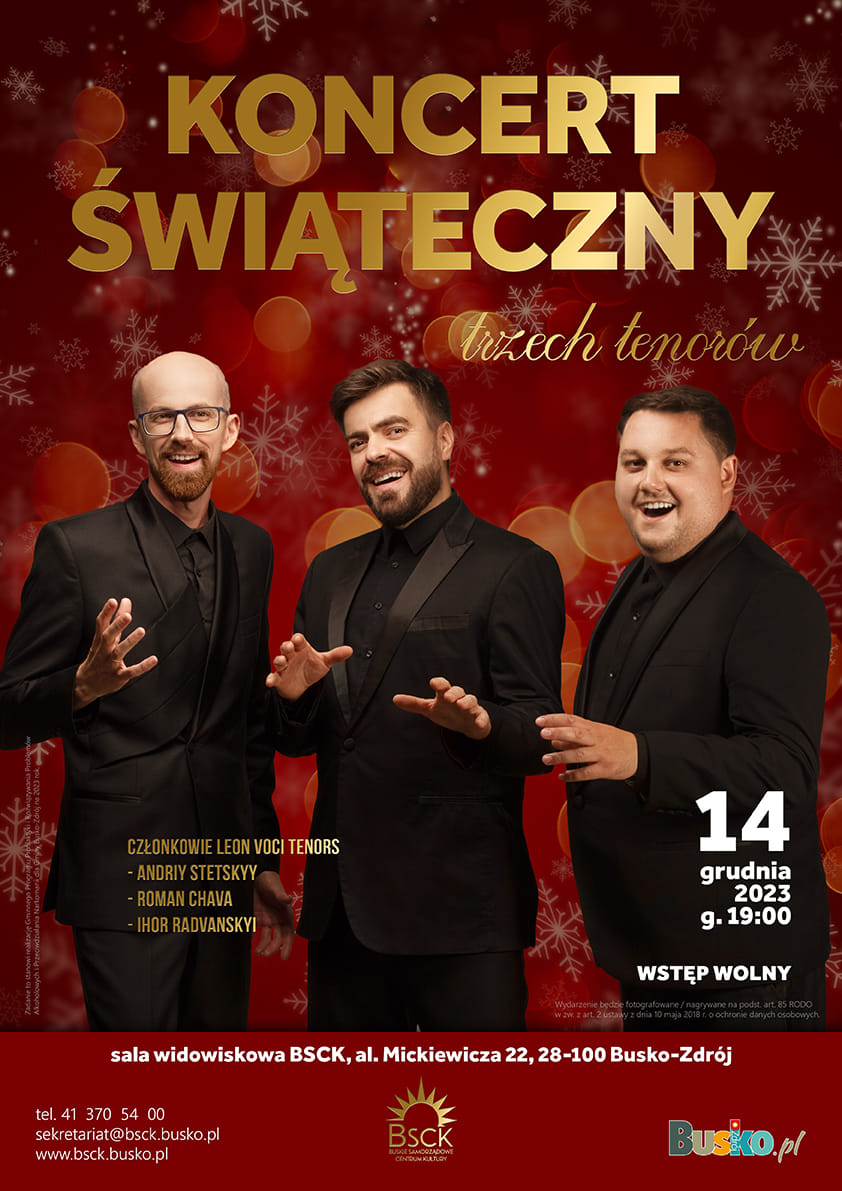 plakat promujący koncert świateczny, fotografia trzech śpiewaków