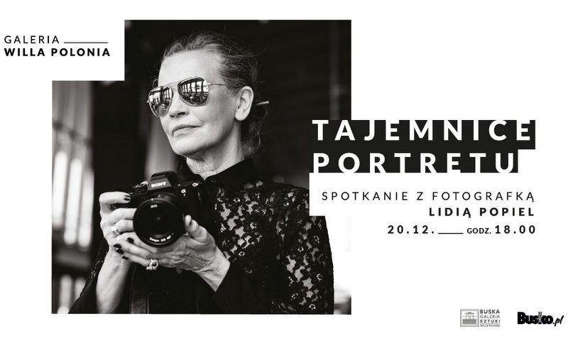 grafika promująca spotkanie z Lidią Popiel, czarno-biała fotografia artystki