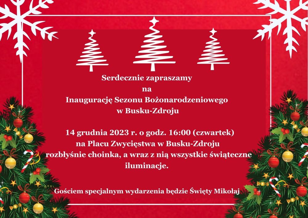 grafika promująca inaugurację świątecznych iluminacji, zawiera graficzne nawiązujące do świąt