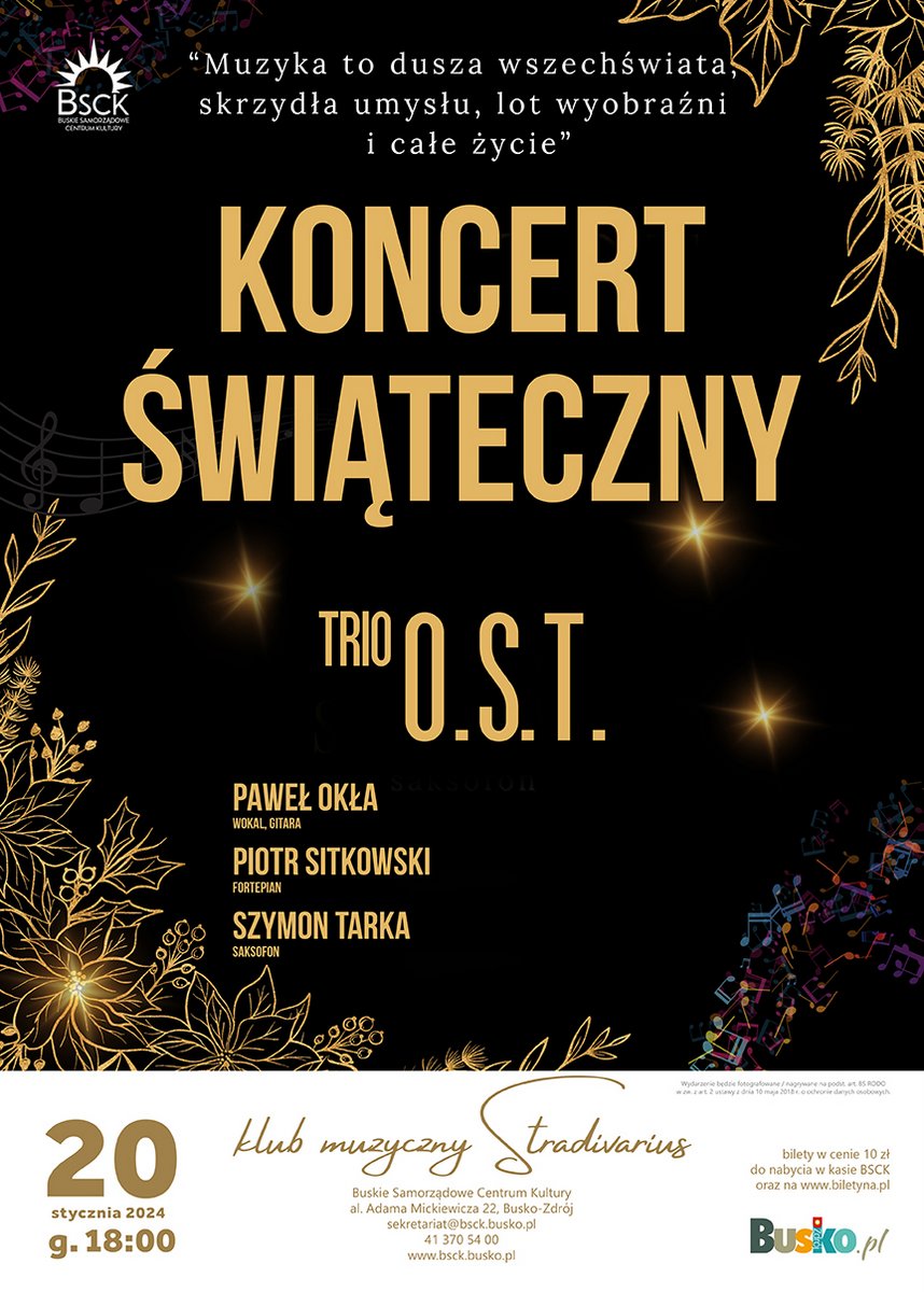grafika promująca koncert tria OST, czarne tło, świąteczne akcenty