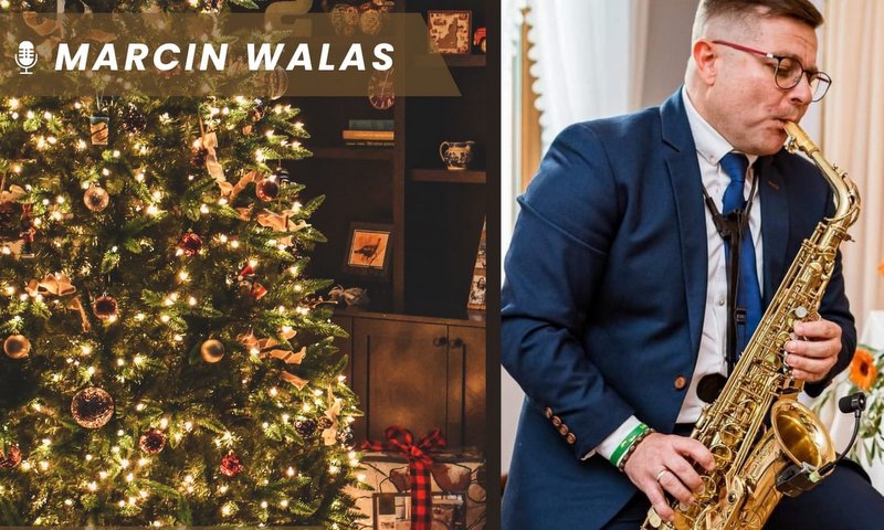 grafika promująca koncert w domu zdrojowym, na zdjęciu artysta z saksofonem oraz świąteczna choinka