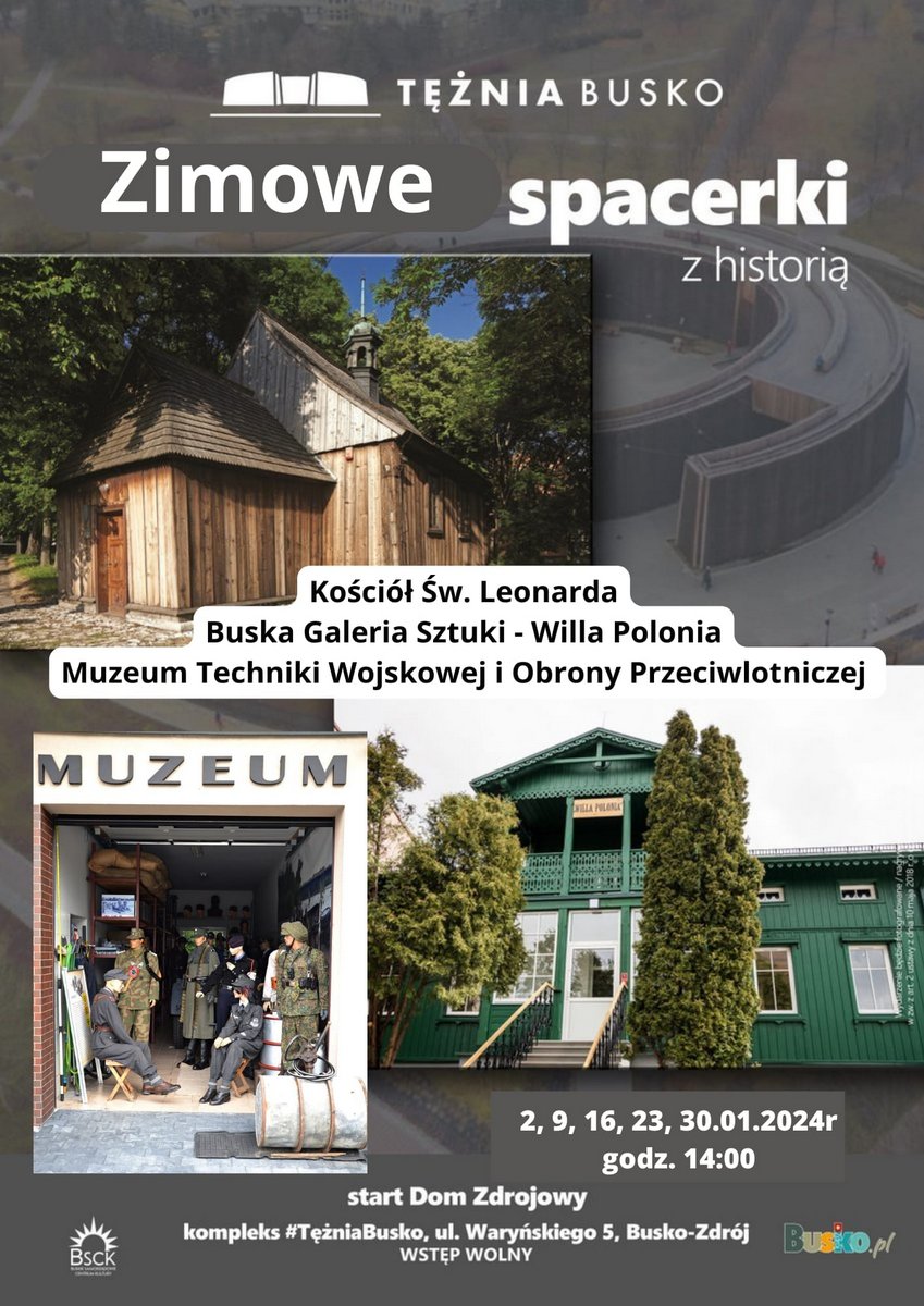 grafika promująca zimowe spacerki z historią, w tle zdjęcia obiektów turystycznych 