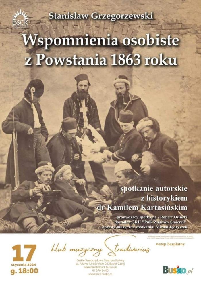 plakat promujący spotkanie autorskie z historykiem, w tle okładka książki, fotografia powstańców