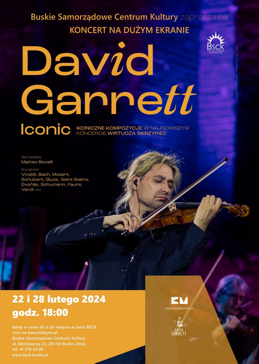 plakat promujący koncert, na zdjęciu muzyk David Garret grający na skrzypcach