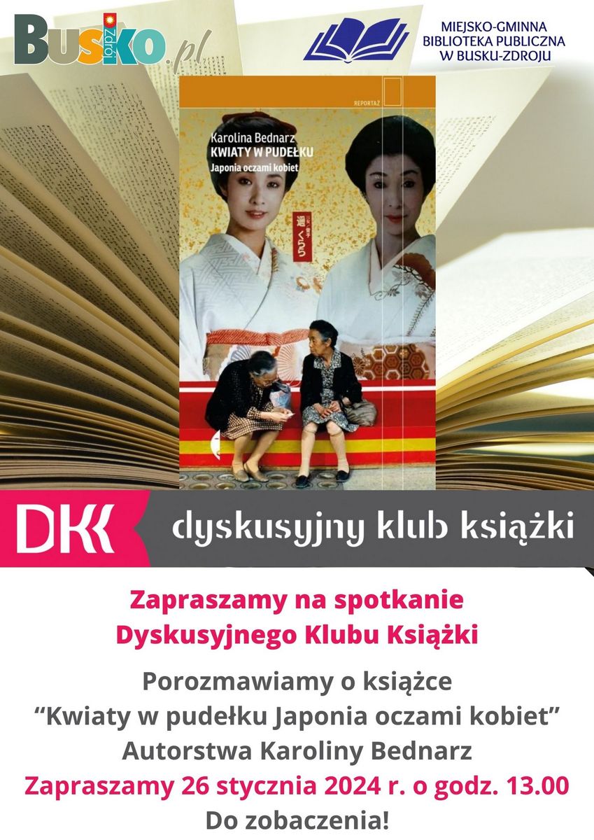 plakat promujący spotkanie w bibliotece, w tle okładka ksiązki