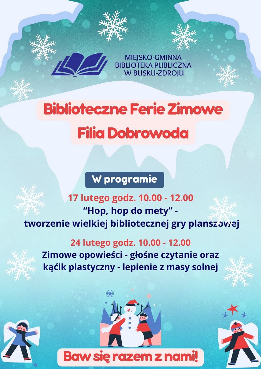 grafika promująca ferie w bibliotece - Filia Dobrowoda