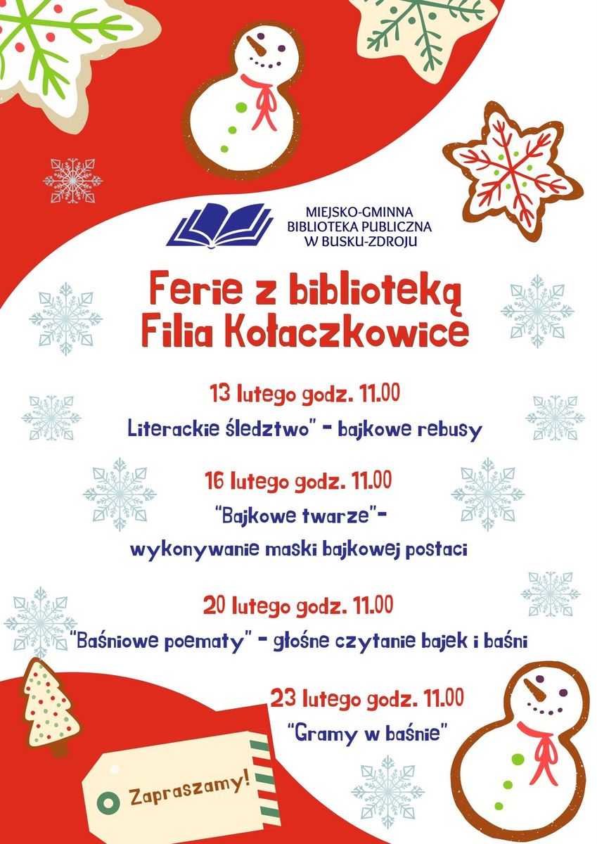 grafika promująca ferie w bibliotece - Filia Kołaczkowice