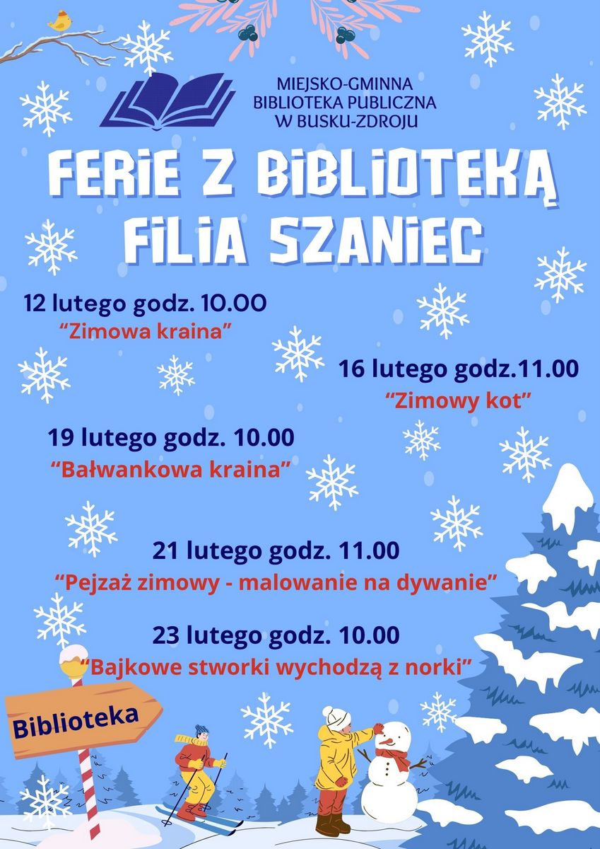 grafika promująca ferie w bibliotece - Szaniec