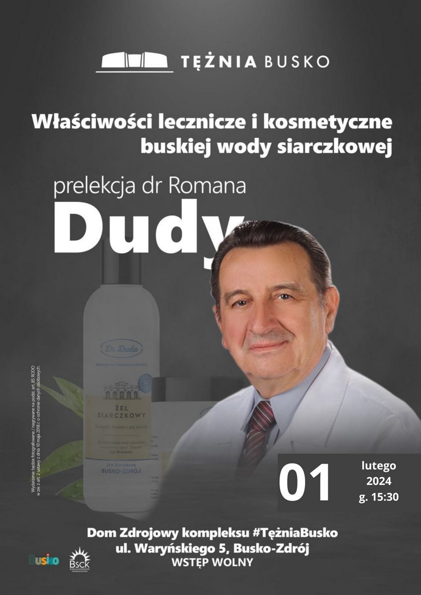 plakat promujący prelekcję, zdjęcie mężczyzny w białym fartuchu laboratoryjnym, w tle kosmetyki