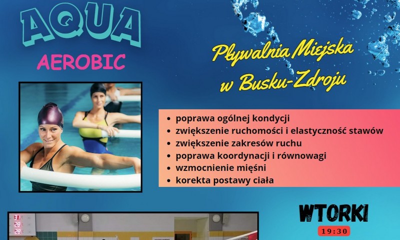 grafika promująca zajęcia pływackie, fotografia osób w basenie