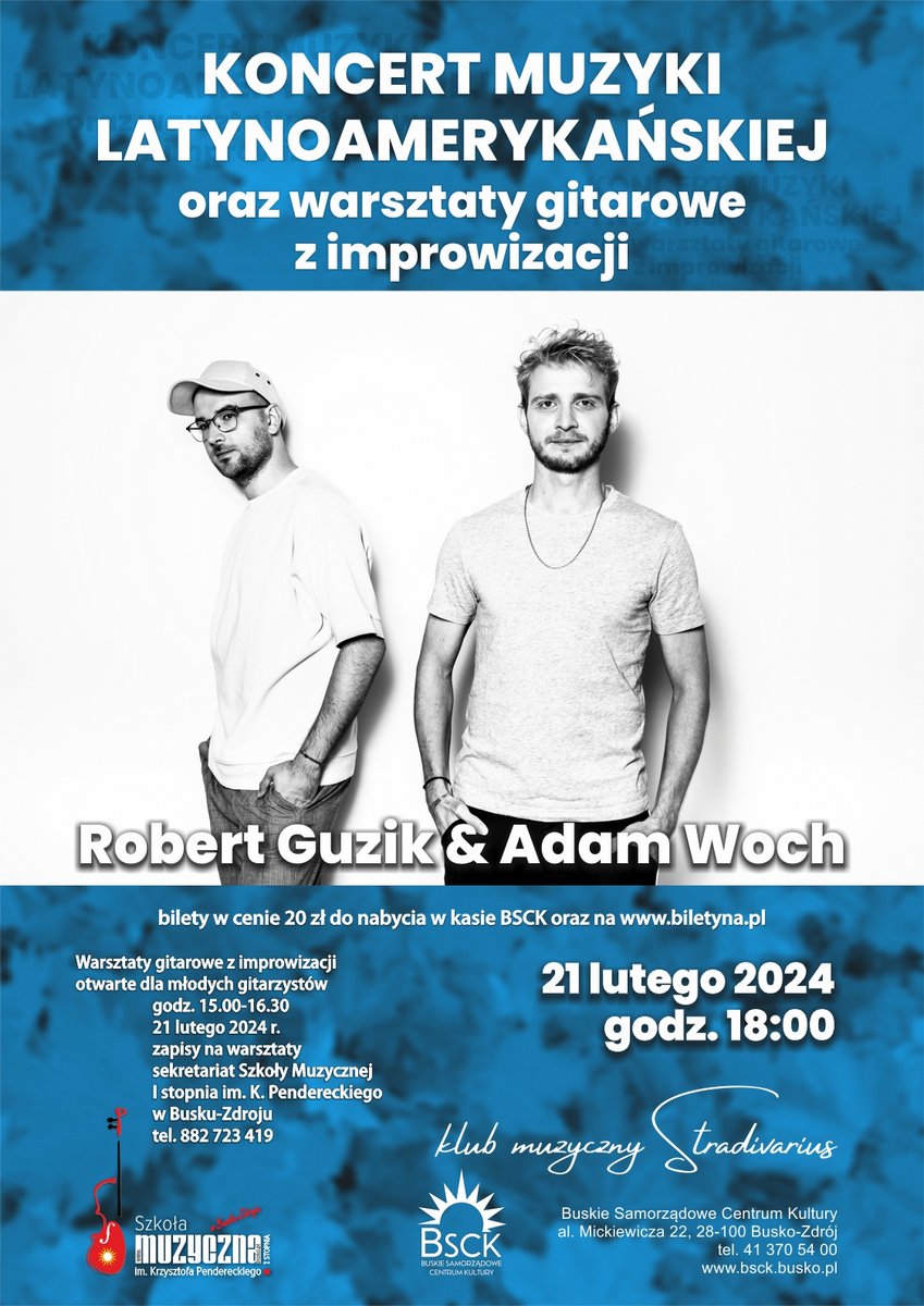 grafika promująca warsztaty gitarowe oraz koncert duetu Woch i Guzik, zdjęcie artystów 