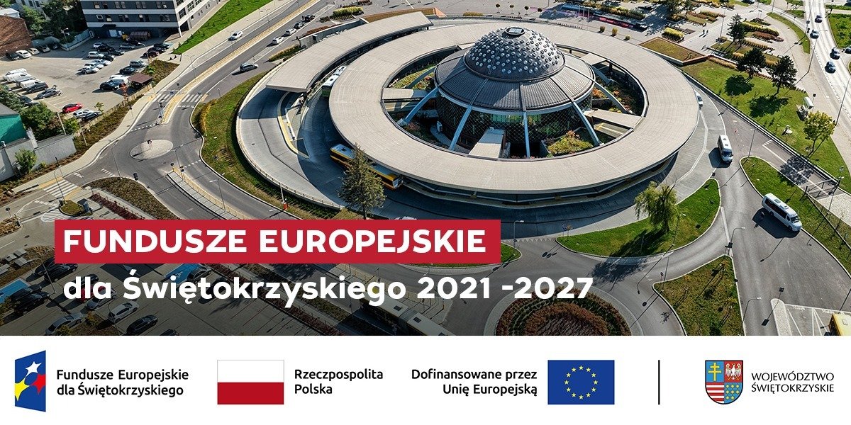 grafika promująca fundusze europejskie, zdjęcie kieleckiego dworca autobusowego z lotu ptaka