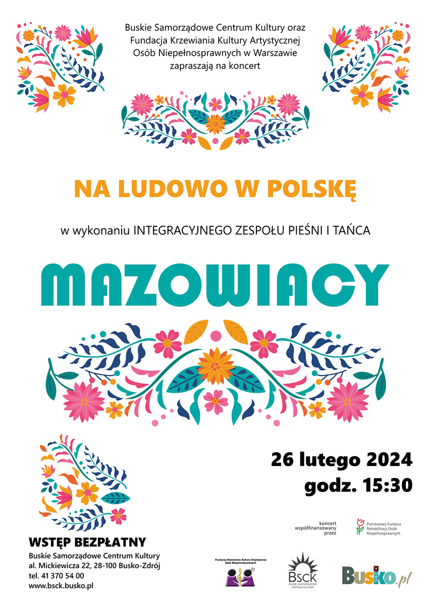 grafika promująca koncert zespołu Mazowiacy, elementy folklorystyczne