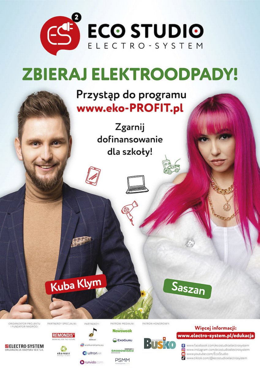 grafika promująca akcję zbiórki elektroodpadów, na zdjęciu dwoje artystów