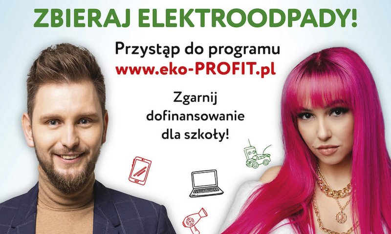 grafika promująca akcję zbiórki elektroodpadów, na zdjęciu dwoje artystów