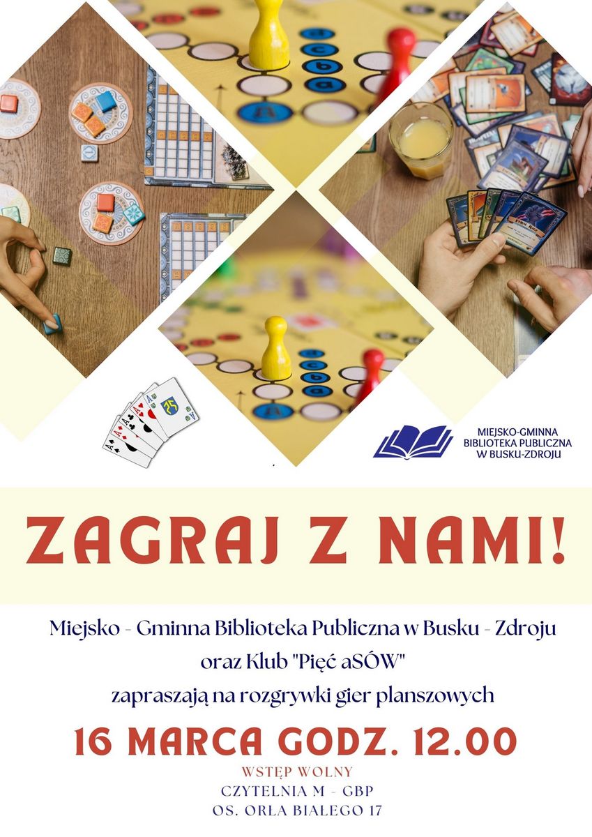 grafika promująca spotkanie miłośników gier planszowych, zdjęcia gier planszowych i karcianych