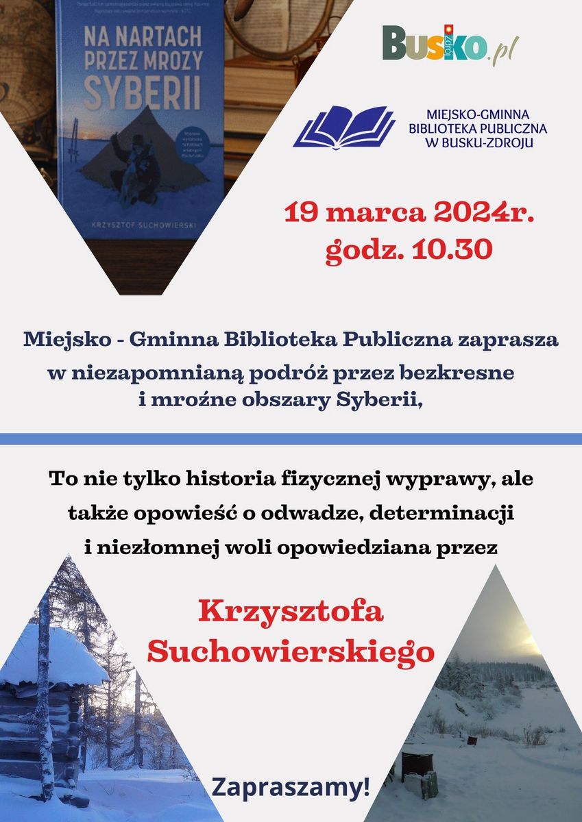 plakat promujący spotkanie w bibliotece, w tle okładka ksiązki