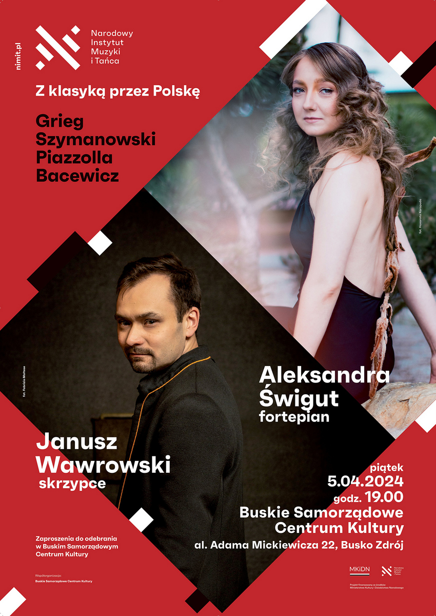 grafika promująca koncert Z Klasyką przez Polskę, zdjęcia dwojga muzyków