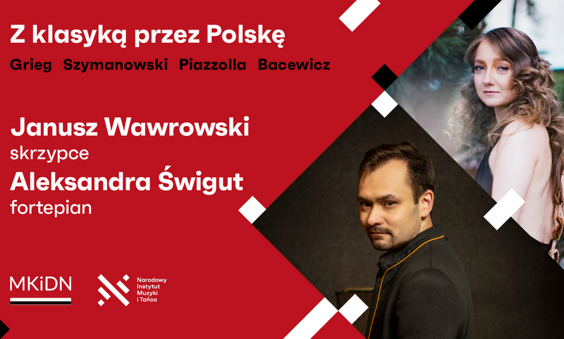grafika promująca koncert Z Klasyką przez Polskę, zdjęcia dwojga muzyków