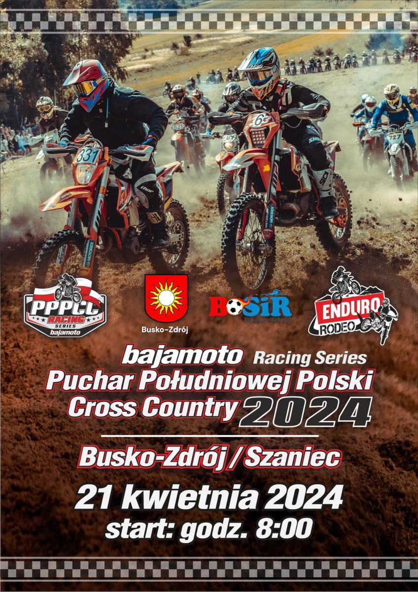 grafika promująca zawody Cross Country Szaniec, na zdjęciu rajd motocyklowy