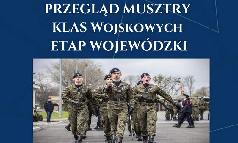 grafika promująca pokaz musztry, fotografia maszerujących żołnierzy