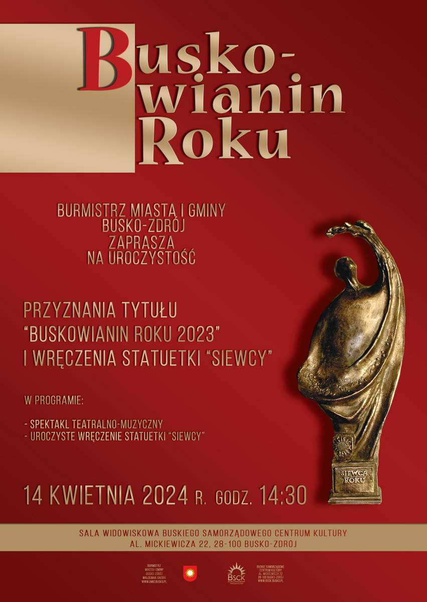 plakat promujący galę Buskowianina Roku,  widok statuetki Siewcy