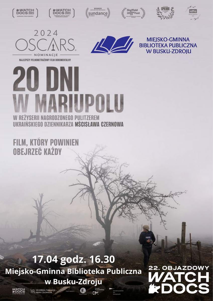 plakat promujący seans filmu 2- dni w Mariupolu, kadr z filmu
