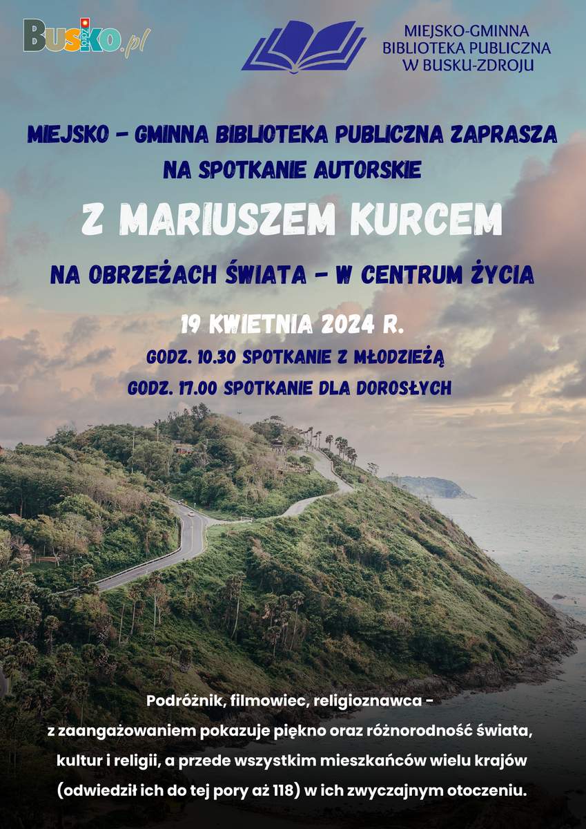 grafika promująca spotkanie z Mariuszem Kurcem, w tle fotografia krajobrazu górskiego