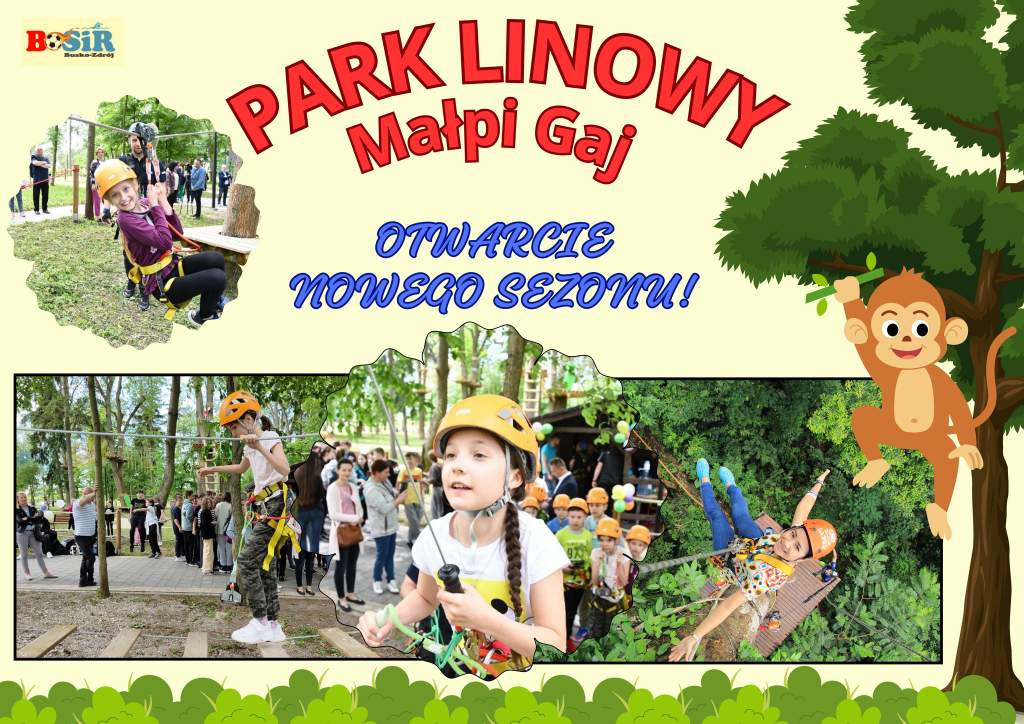 grafika promująca park otwarcie parku linowego, fotografie parku i jego użytkowników