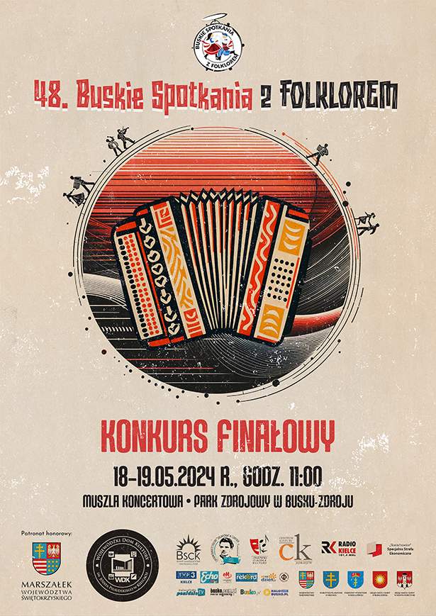 grafika promująca spotkania z folklorem, stylizowany akordeon