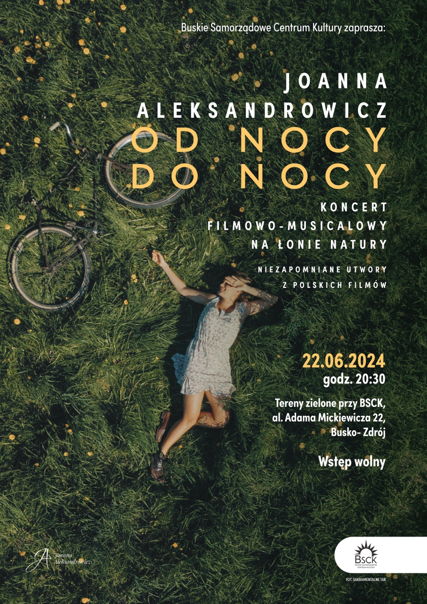 grafika promująca koncert, kobieta leżąca na trawie, obok rower