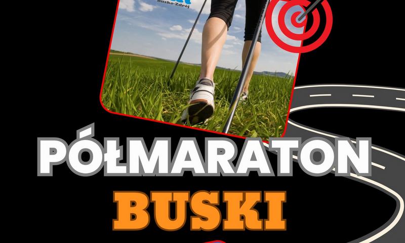 grafika promująca półmaraton, widok osoby z kijkami na trawie