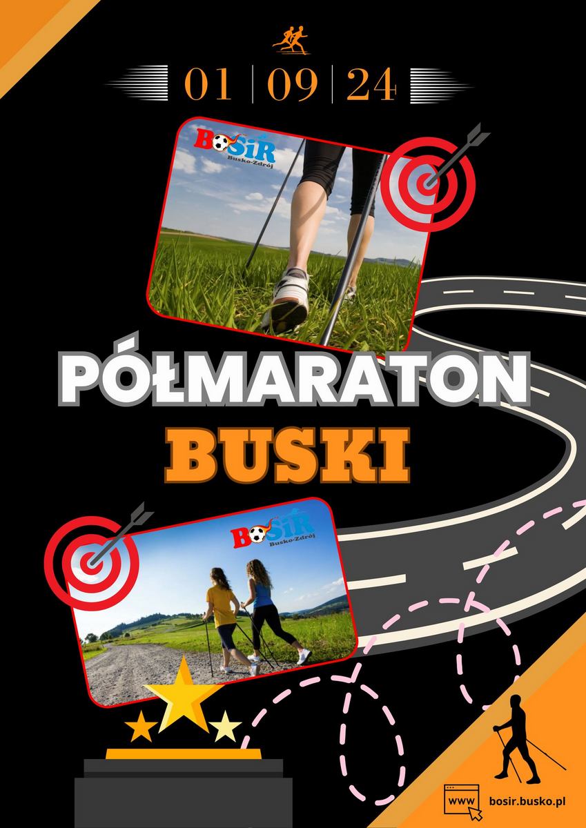 grafika promująca półmaraton, widok osób z kijkami