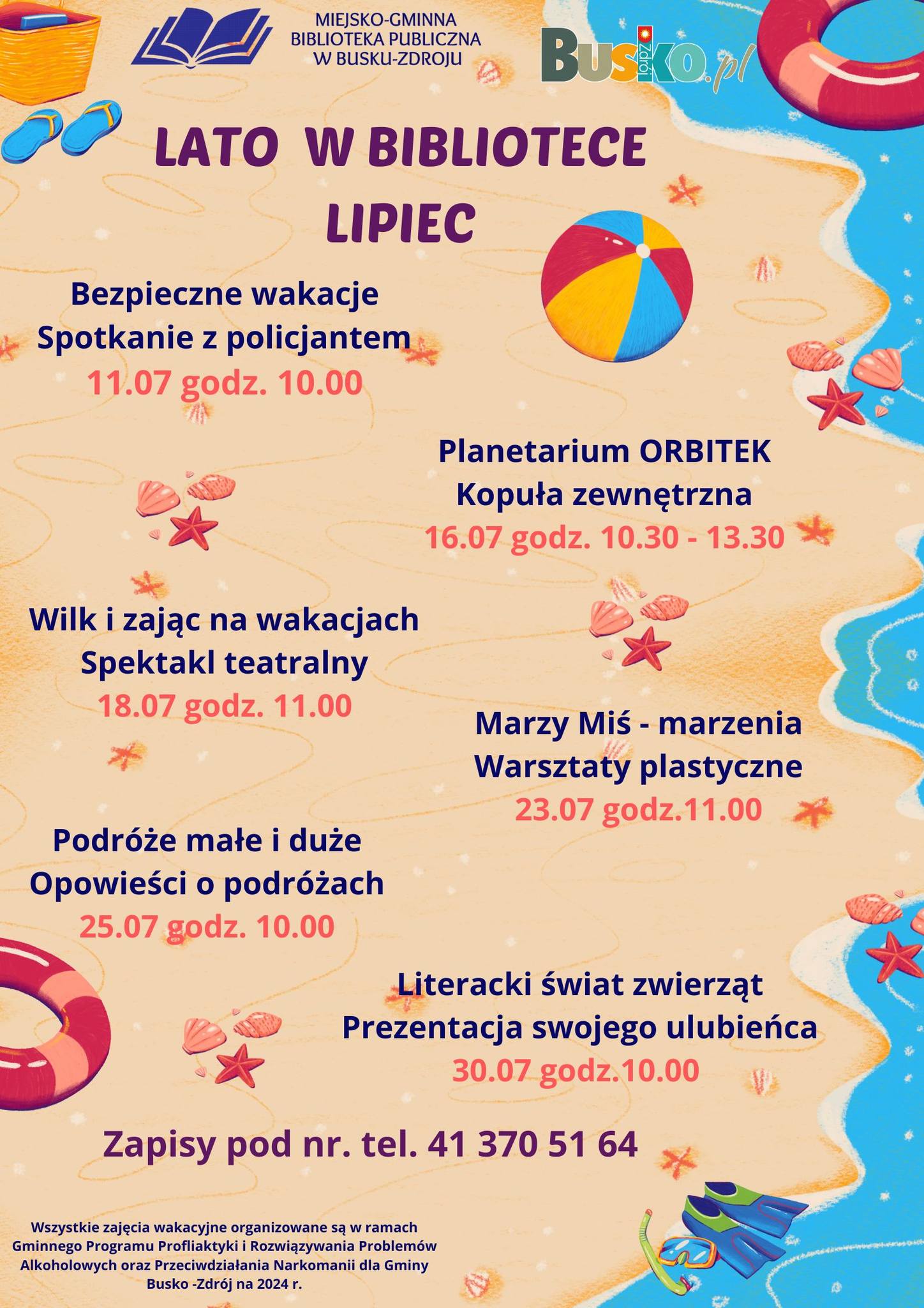 grafika informująca o zajęciach wakacyjnych w bibliotece