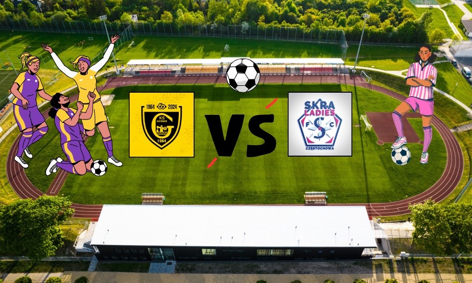 grafika promująca mecz, postacie piłkarek, herby drużyn, w tle stadion