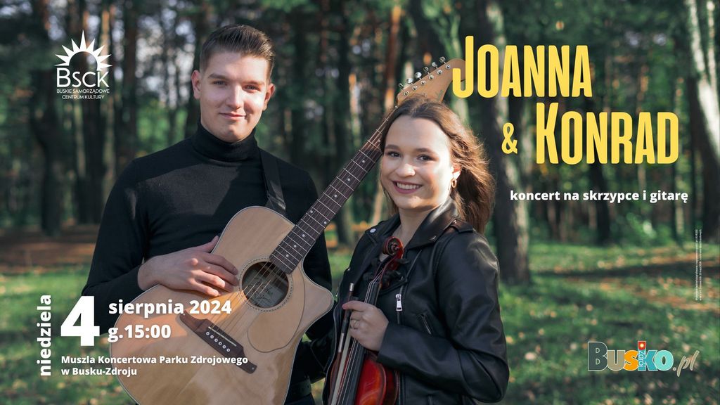grafika promująca koncert, dwoje artystów z instrumentami