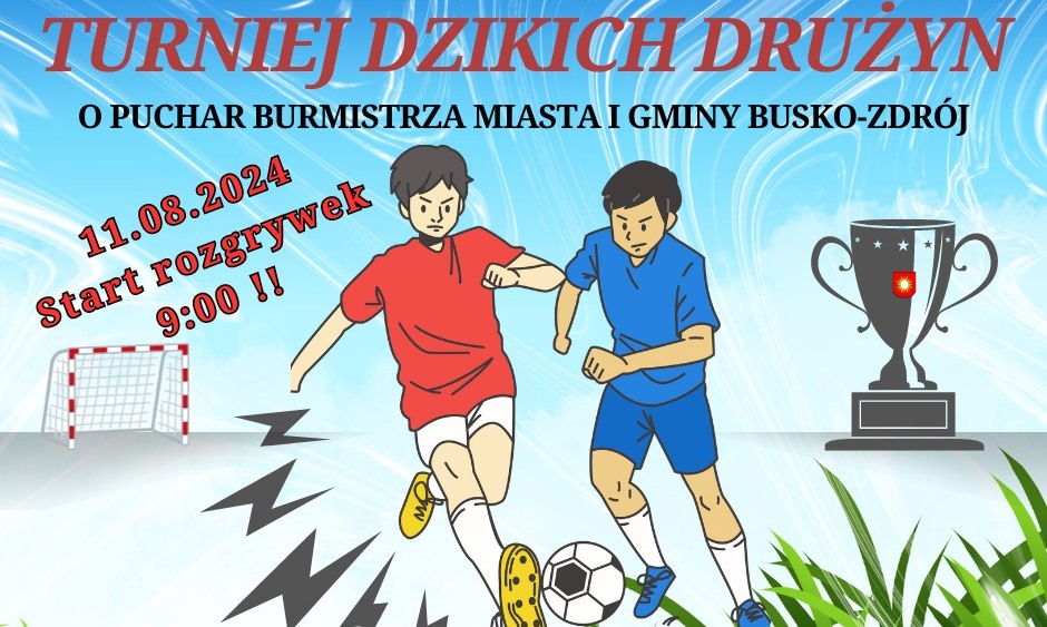 grafika promująca turniej piłkarski, postacie piłkarzy na boisku