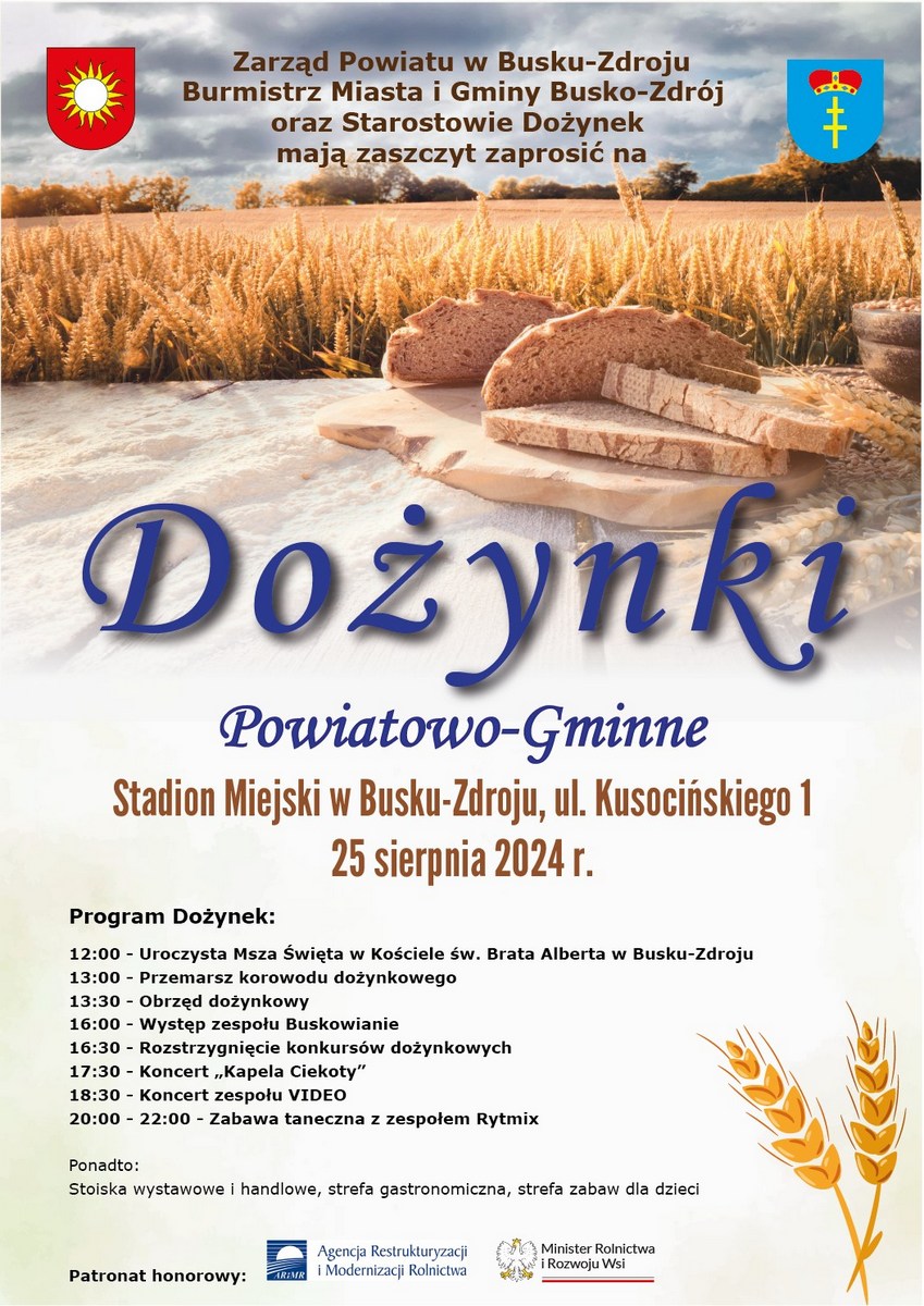 grafika promująca dożynki, zdjęcie przedstawia zboże oraz pajdy chleba