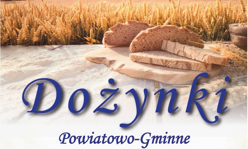 grafika promująca dożynki, zdjęcie przedstawia zboże oraz pajdy chleba