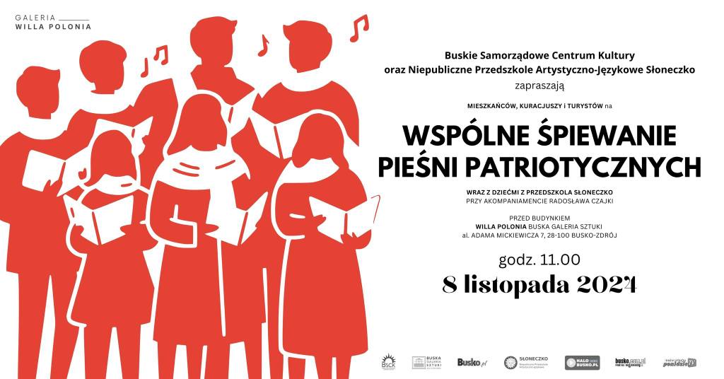 grafika promująca śpiewanie piesni patriotycznych, czerwone postacie na białym tle