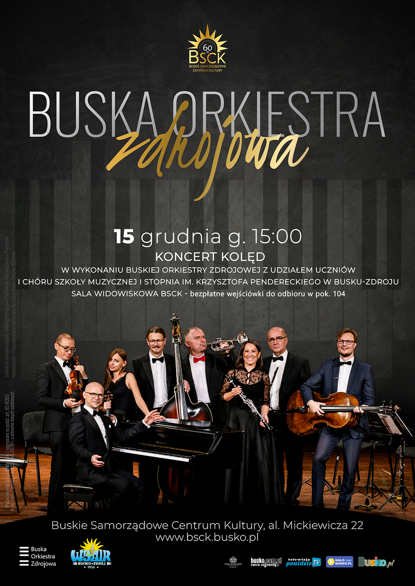 plakat promujący koncert Buskiej Orkiestry Zdrojowej, muzycy na scenie