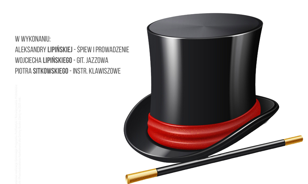 grafika promująca koncert, cylinder i batuta