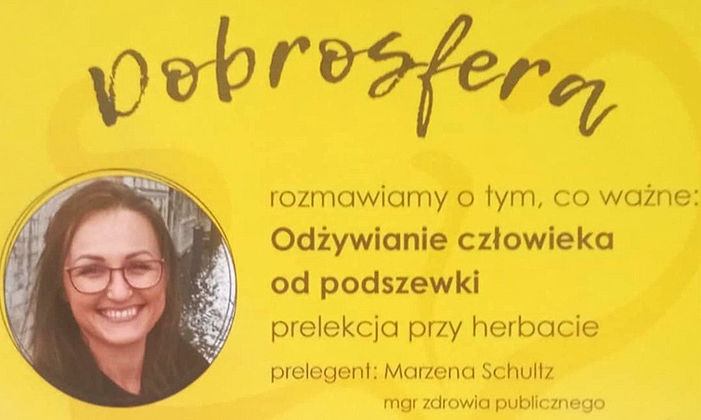 grafika promująca spotkanie z dietetykiem, miniatura zdjęcia kobiety, żółte tło