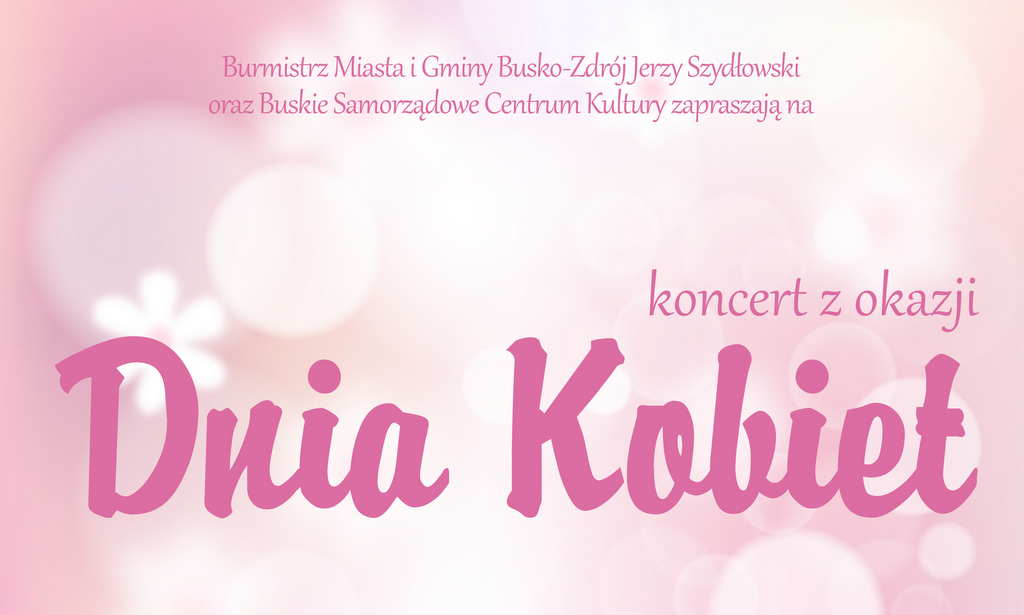 grafika promująca koncert z okazji dnia kobiet, różowe napisy na różowym deseniu
